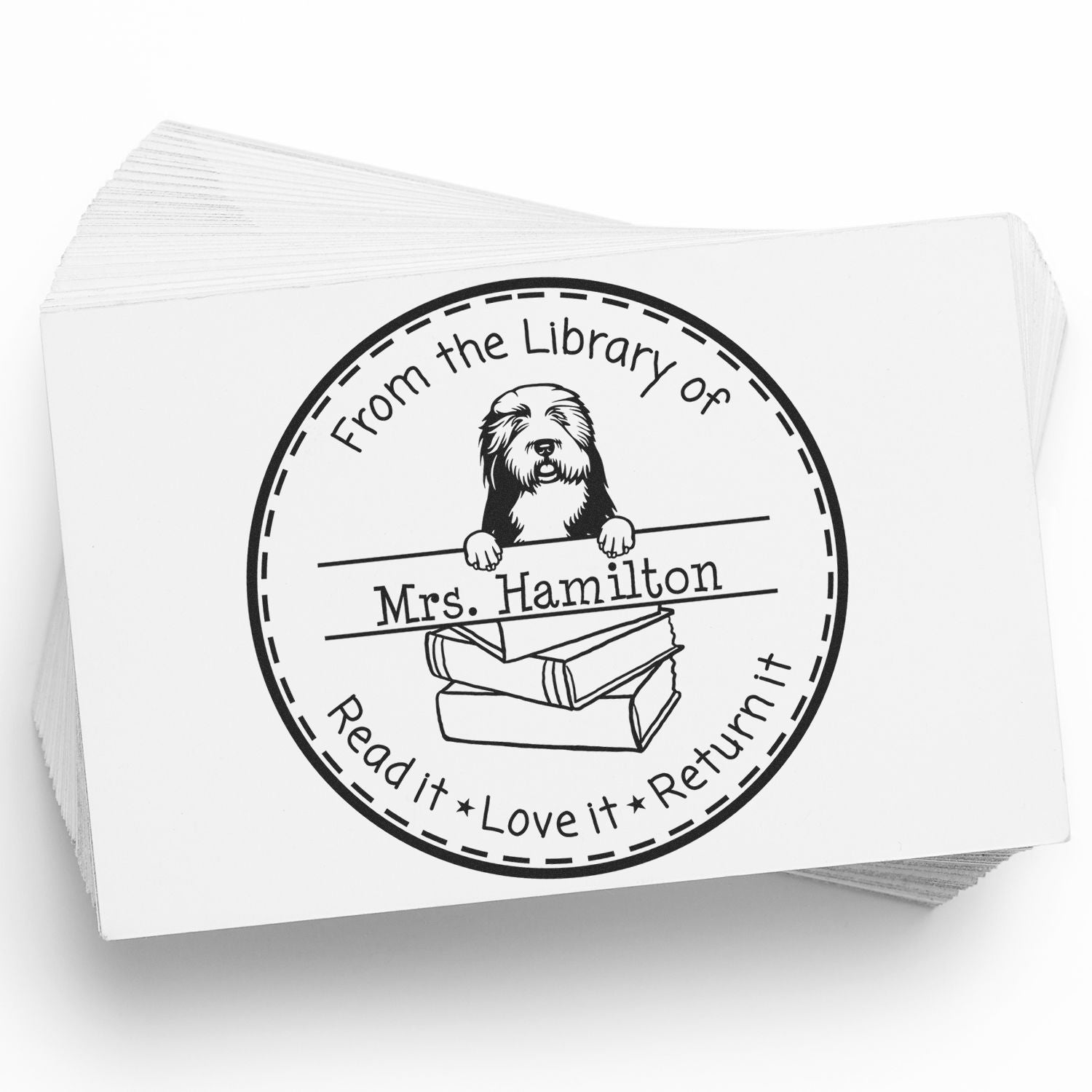 Customized Personal Lending Library Stamp with Old English Sheepdogs Dog - Engineer Seal Stamps
