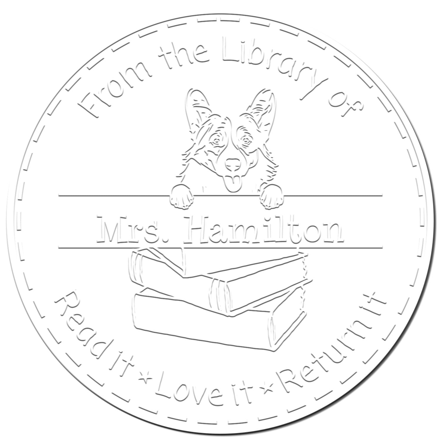Round white library stamp seal featuring a corgi over books and the text From the Library of Mrs. Hamilton.