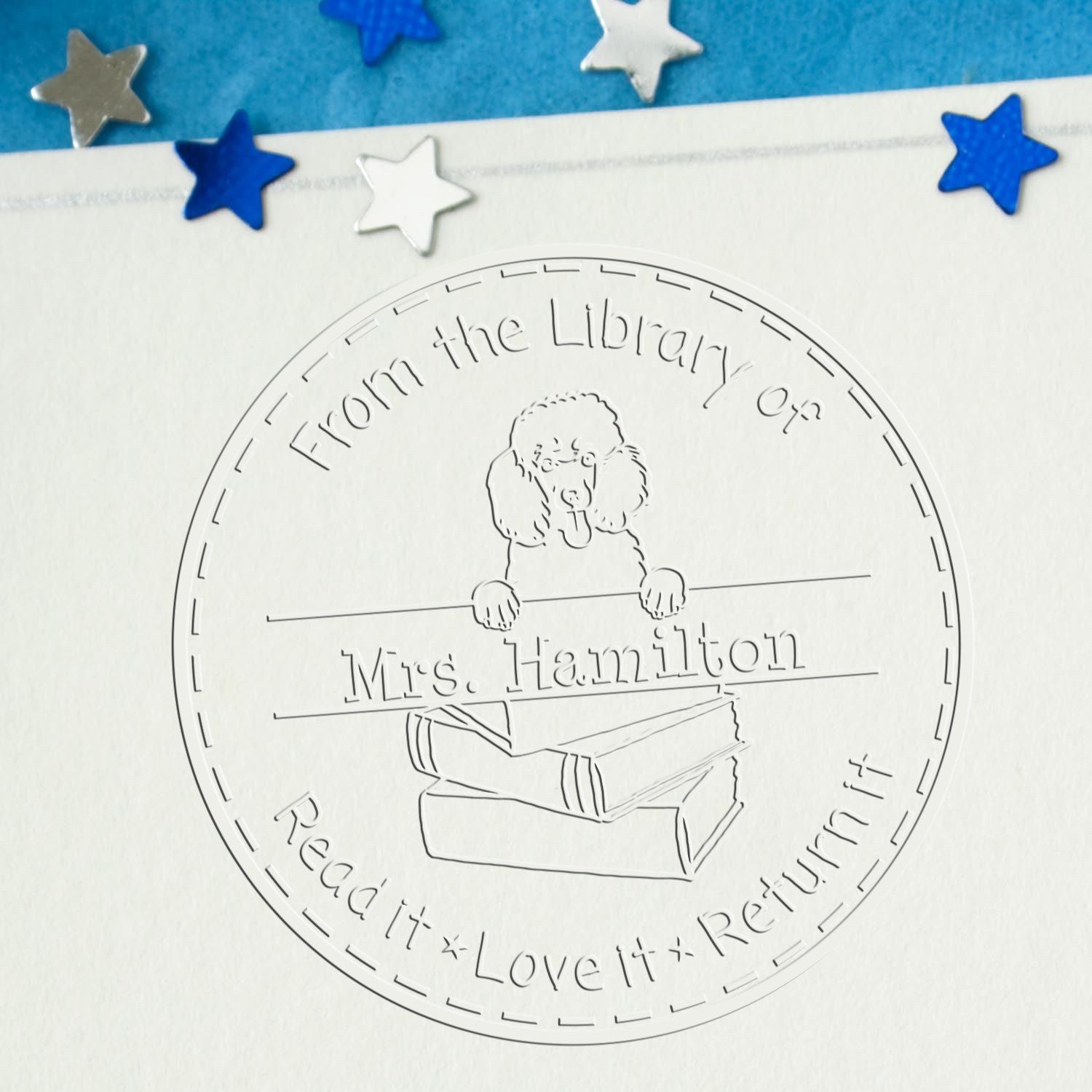 Custom Book Return Embossing Seal with Poodle Dog - Engineer Seal Stamps