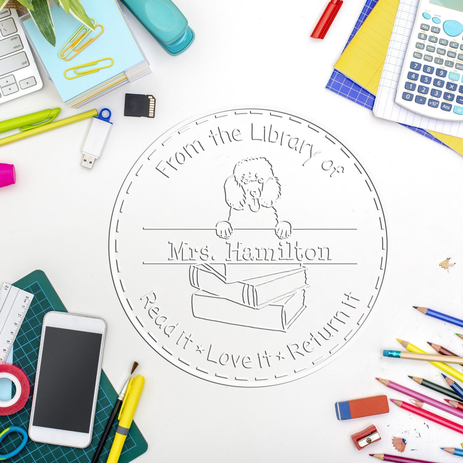 Custom Book Return Embossing Seal with Poodle Dog - Engineer Seal Stamps