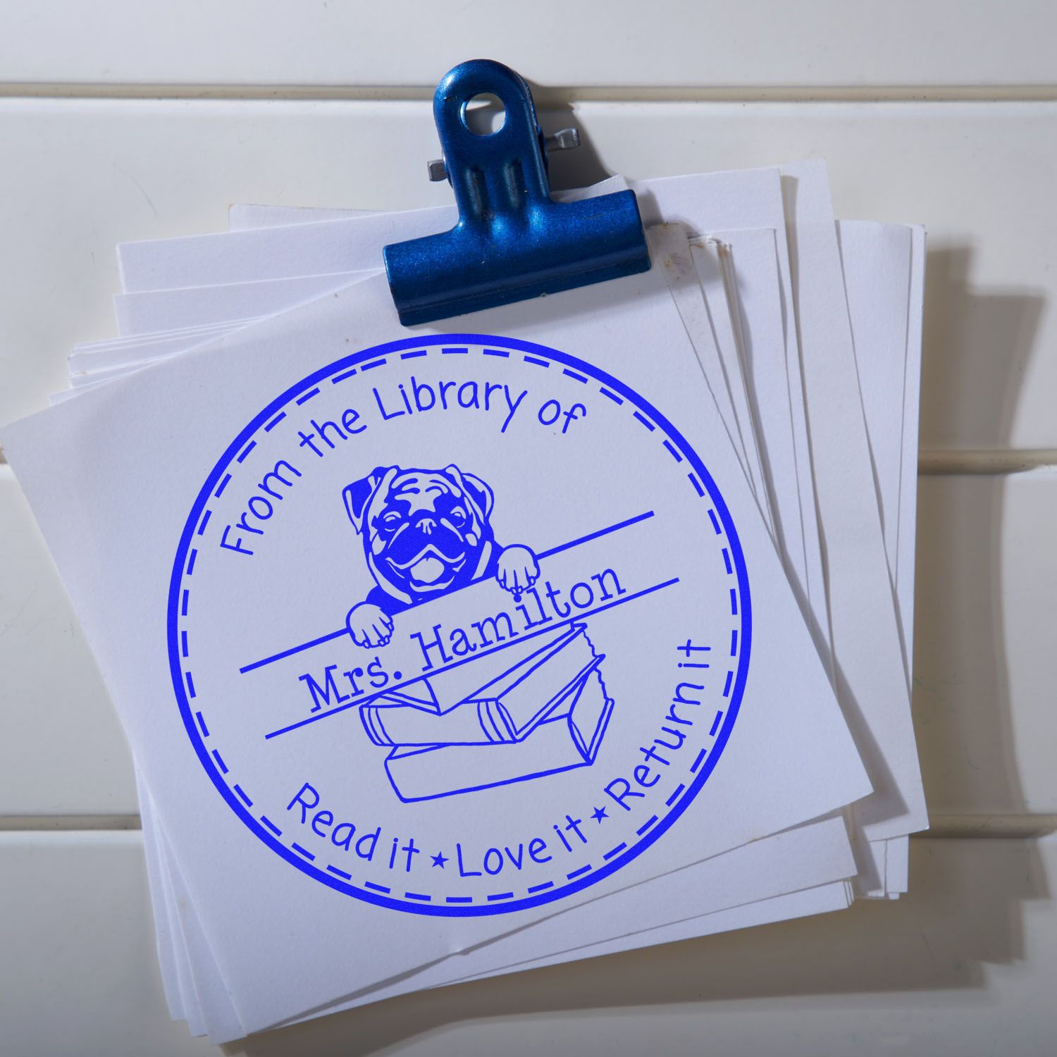 Customized Love Your Library Stamp with Pug Dog - Engineer Seal Stamps