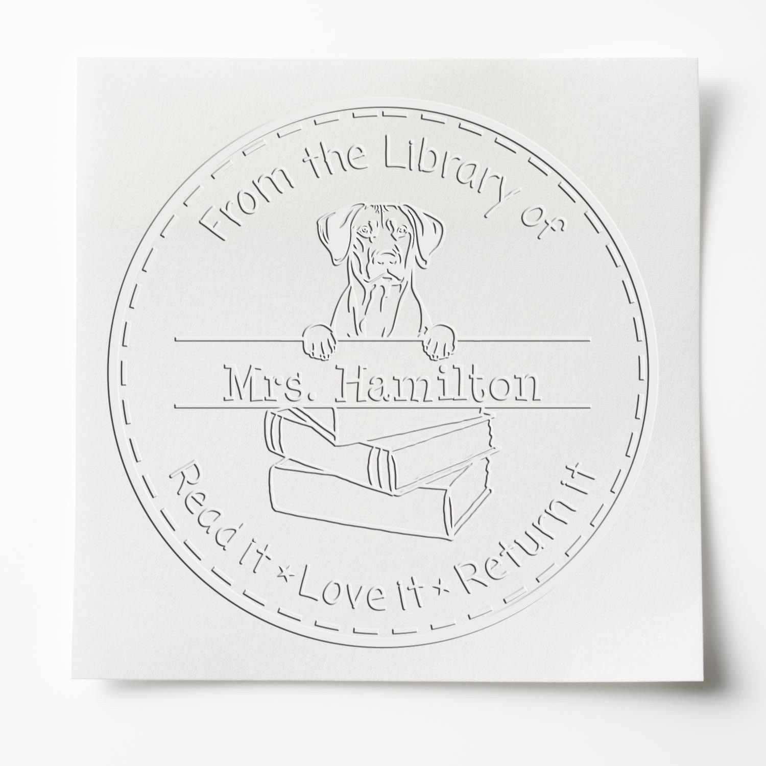 Custom Classroom Book Embossed Stamp with Rhodesian Ridgeback Dog - Engineer Seal Stamps