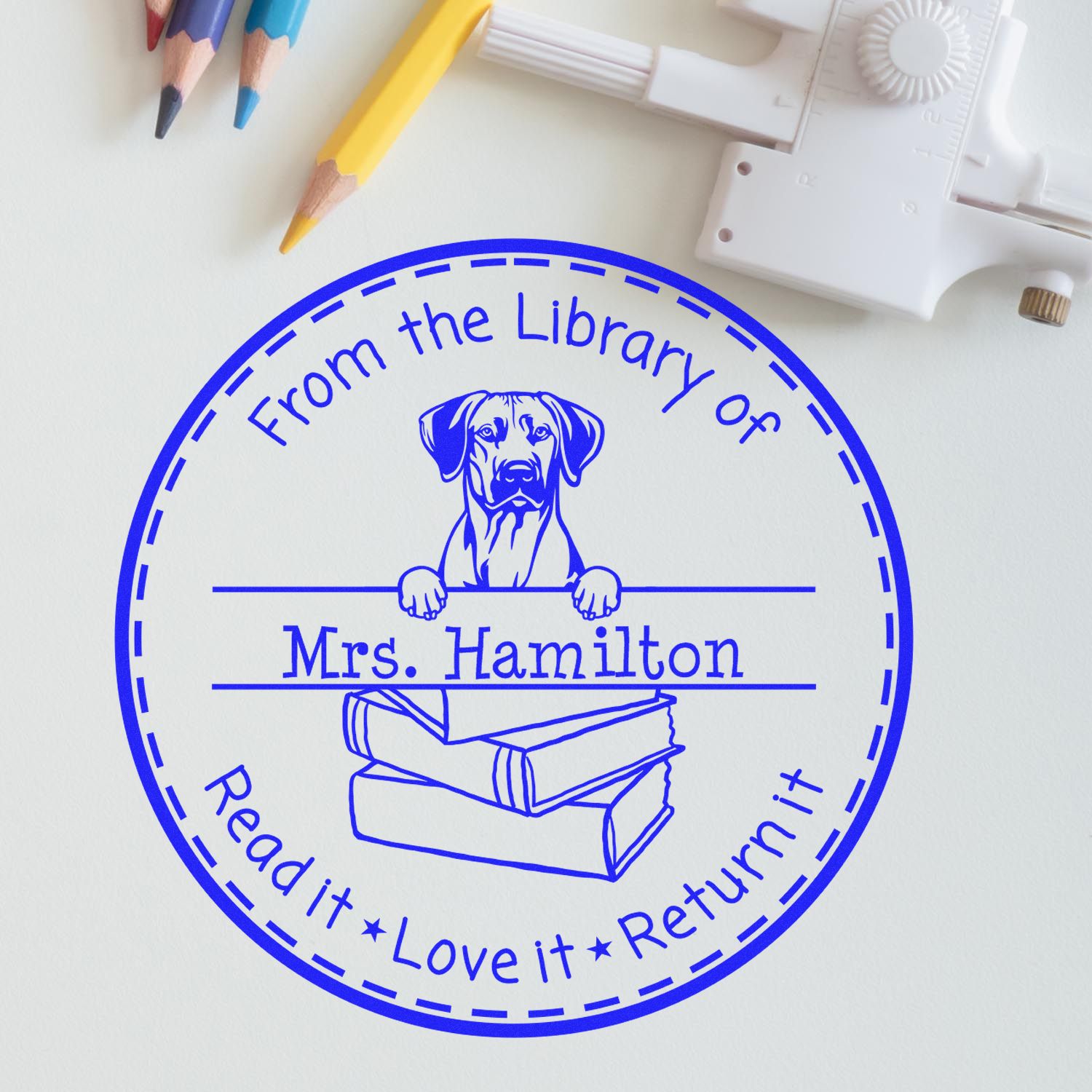 Customized Book Sharing Reminder Stamp with Rhodesian Ridgeback Dog - Engineer Seal Stamps