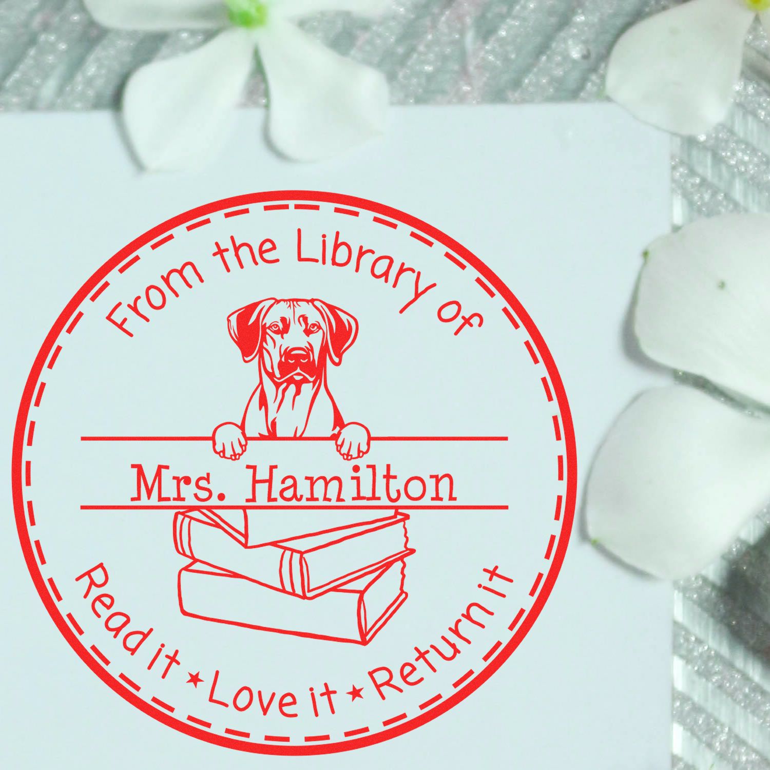 Customized Book Sharing Reminder Stamp with Rhodesian Ridgeback Dog - Engineer Seal Stamps