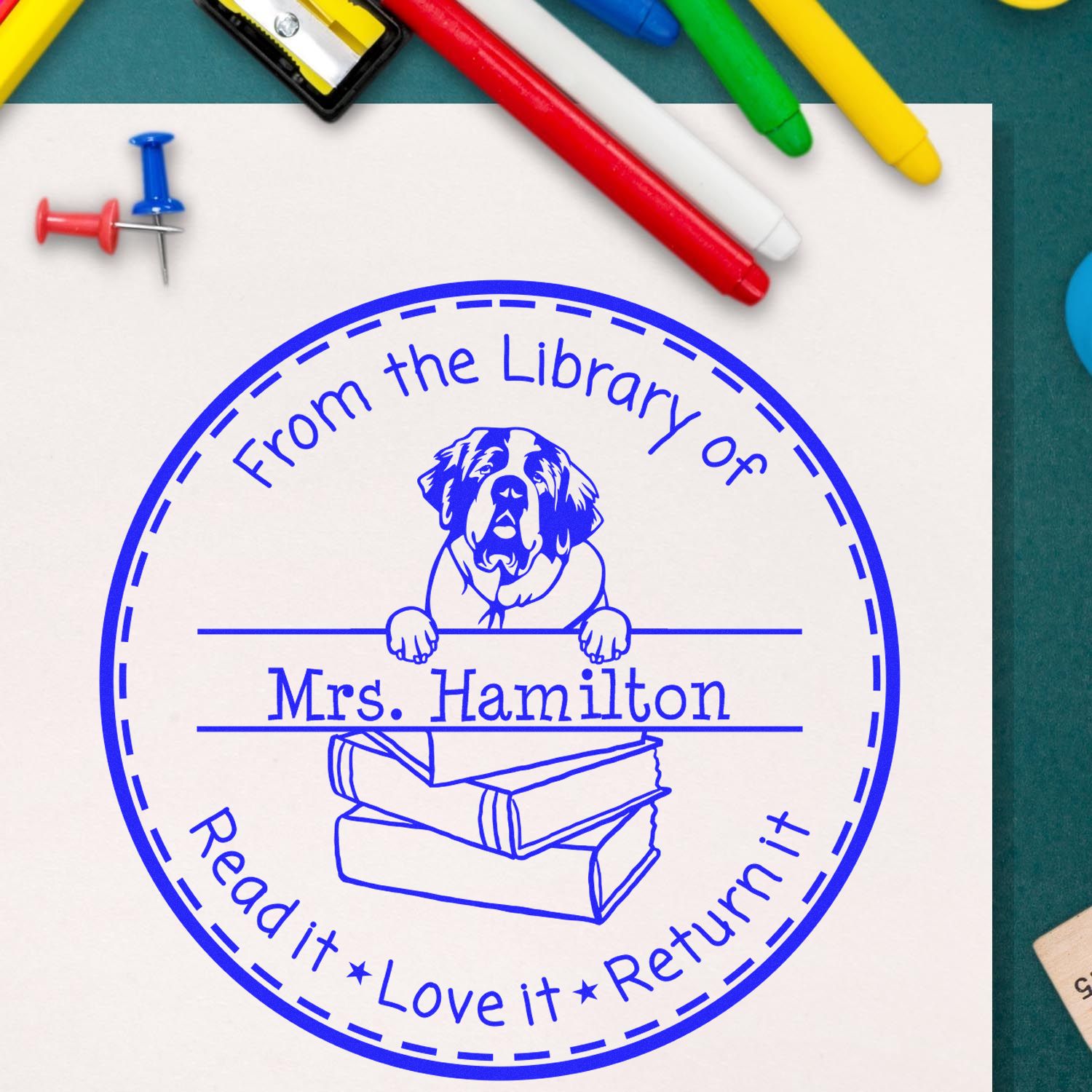 Customized Library Management Stamper with Saint Bernard Dog - Engineer Seal Stamps