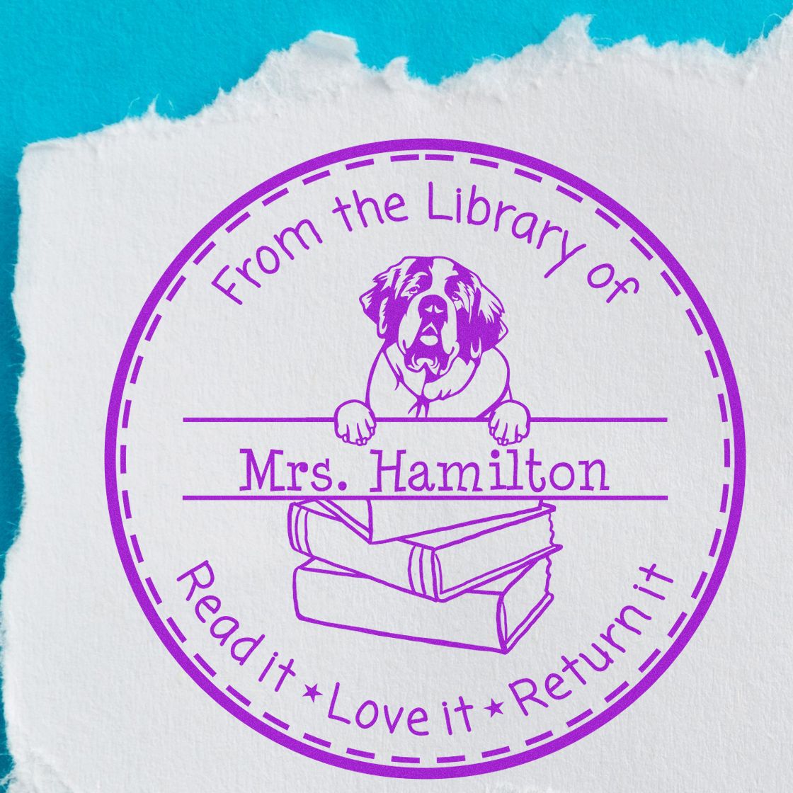 Cute Saint Bernard Dog Themed Read It Love It Return It Customized Stamper
