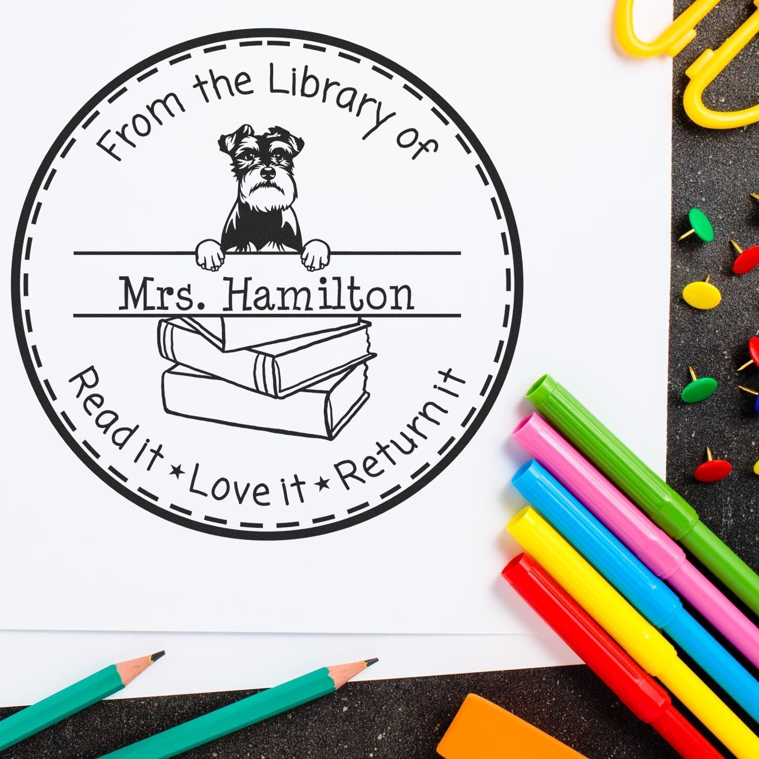 Schnauzer Dog Themed Read It Love It Return It Customized Stamp - Engineer Seal Stamps