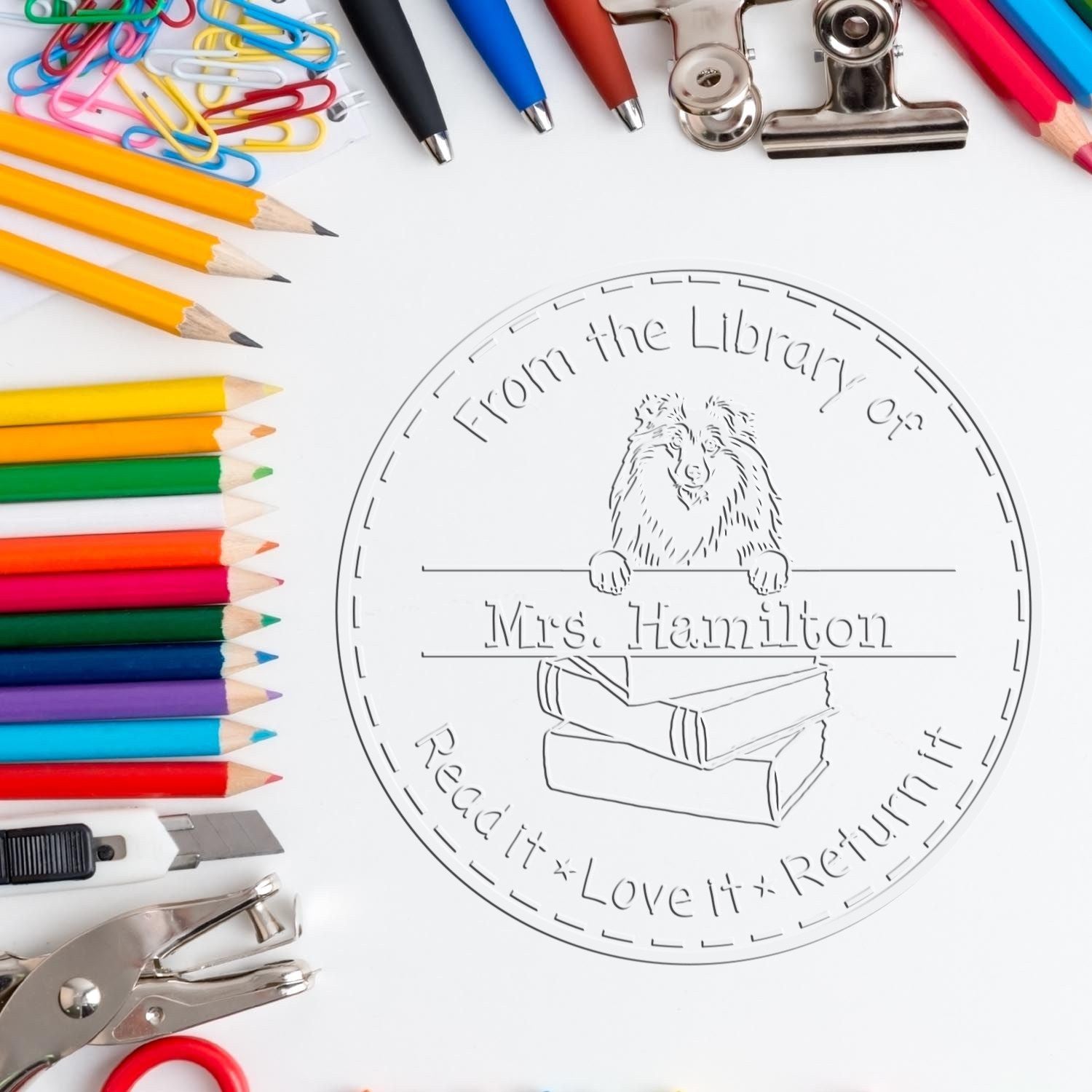 Custom For Library Embossed Stamp with Shetland Sheepdog Dog - Engineer Seal Stamps