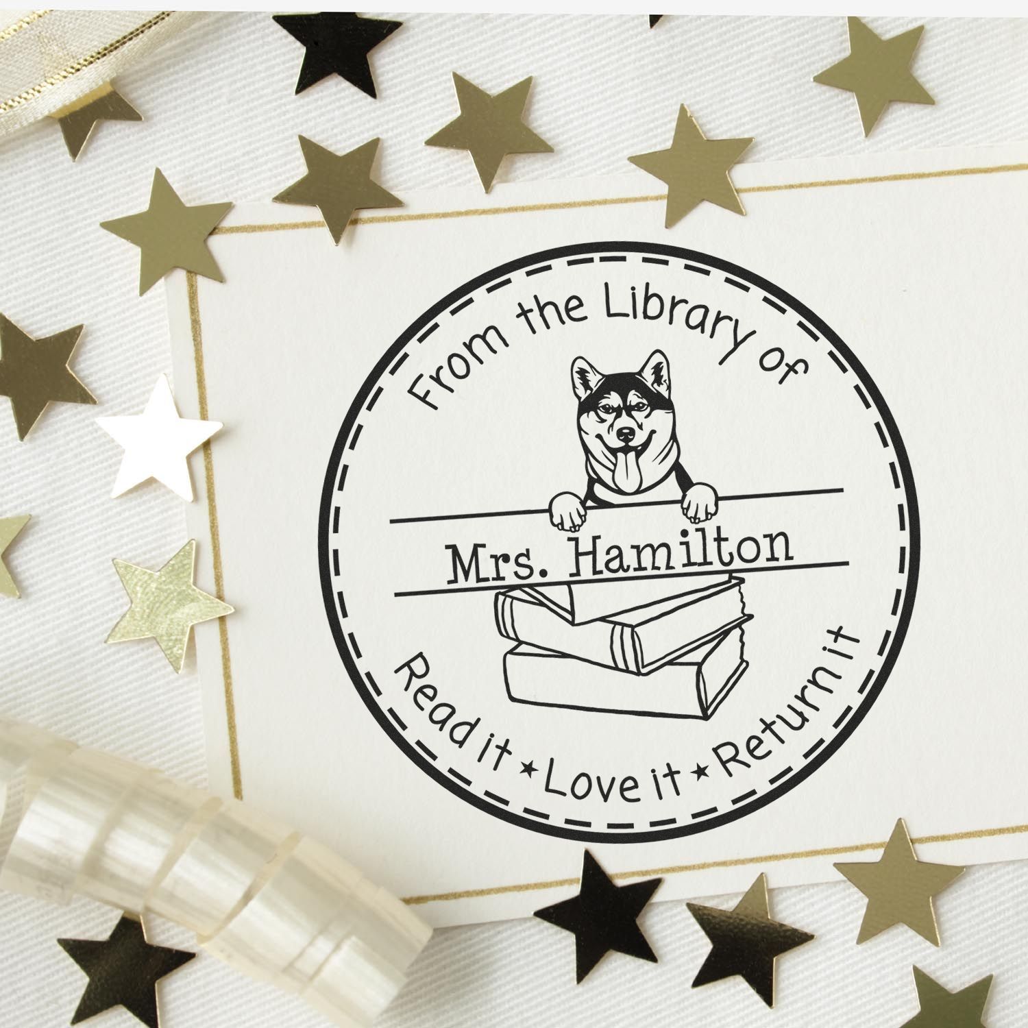 Customized Book Identification Stamp with Shiba Inu Dog - Engineer Seal Stamps