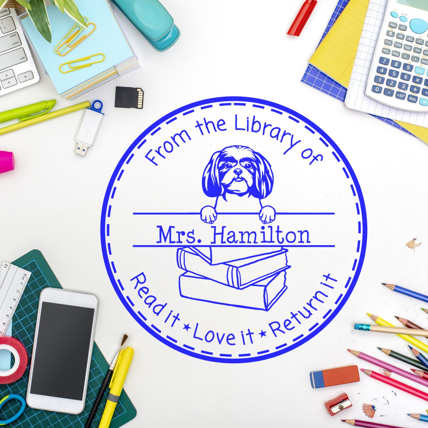 Customized Book Identification Stamper with Shitzu Dog - Engineer Seal Stamps