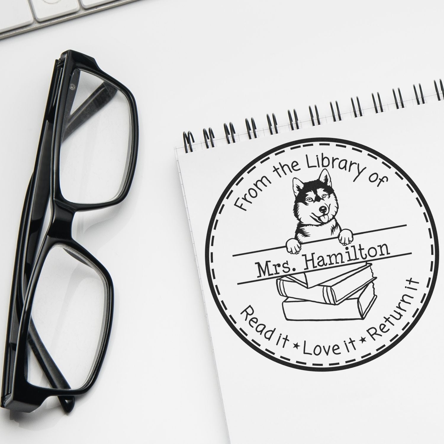 Customized Library Book Check-Out Stamp with Siberian Husky Dog - Engineer Seal Stamps