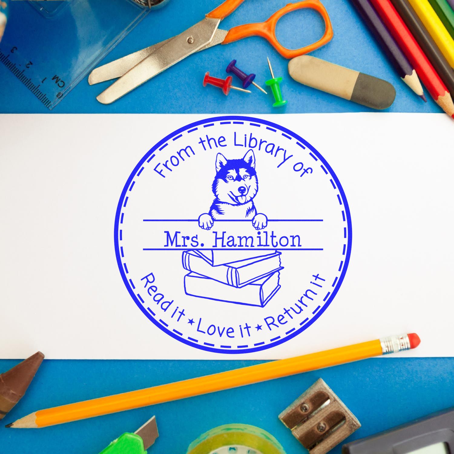 Customized Library Book Check-Out Stamp with Siberian Husky Dog - Engineer Seal Stamps