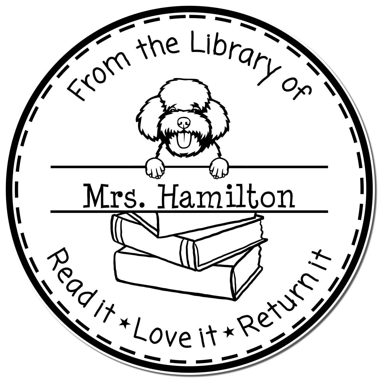 Black-and-white circular library stamp seal with dog and books, labeled From the Library of Mrs. Hamilton: Read it, Love it, Return it.