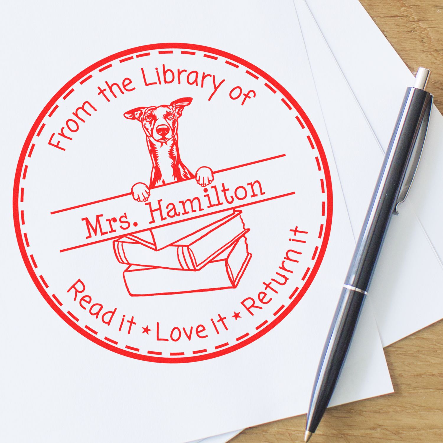 Whippet Dog Customized Classroom Book Return Reminder Stamp - Engineer Seal Stamps