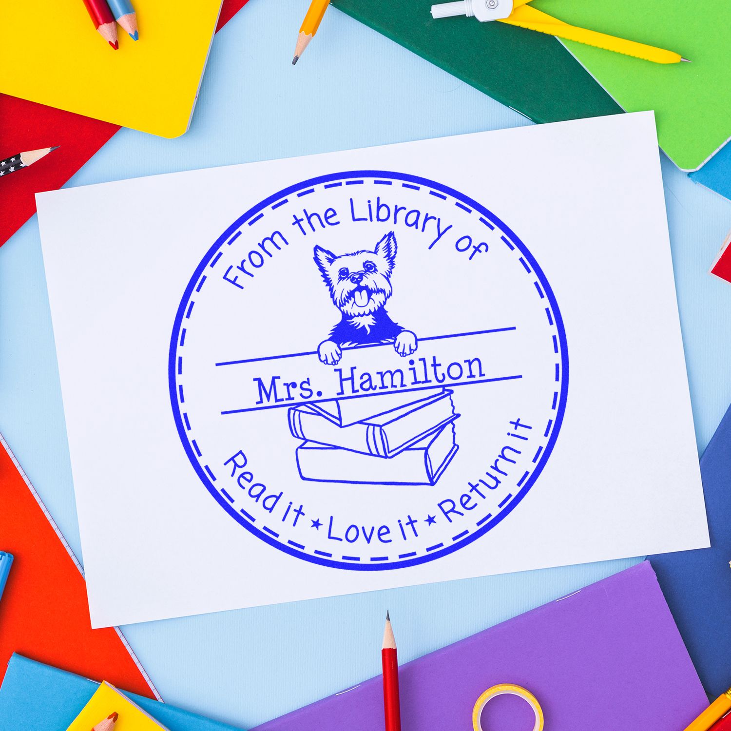 Customized Love Books, Return Books Stamp with Yorkie Dog - Engineer Seal Stamps