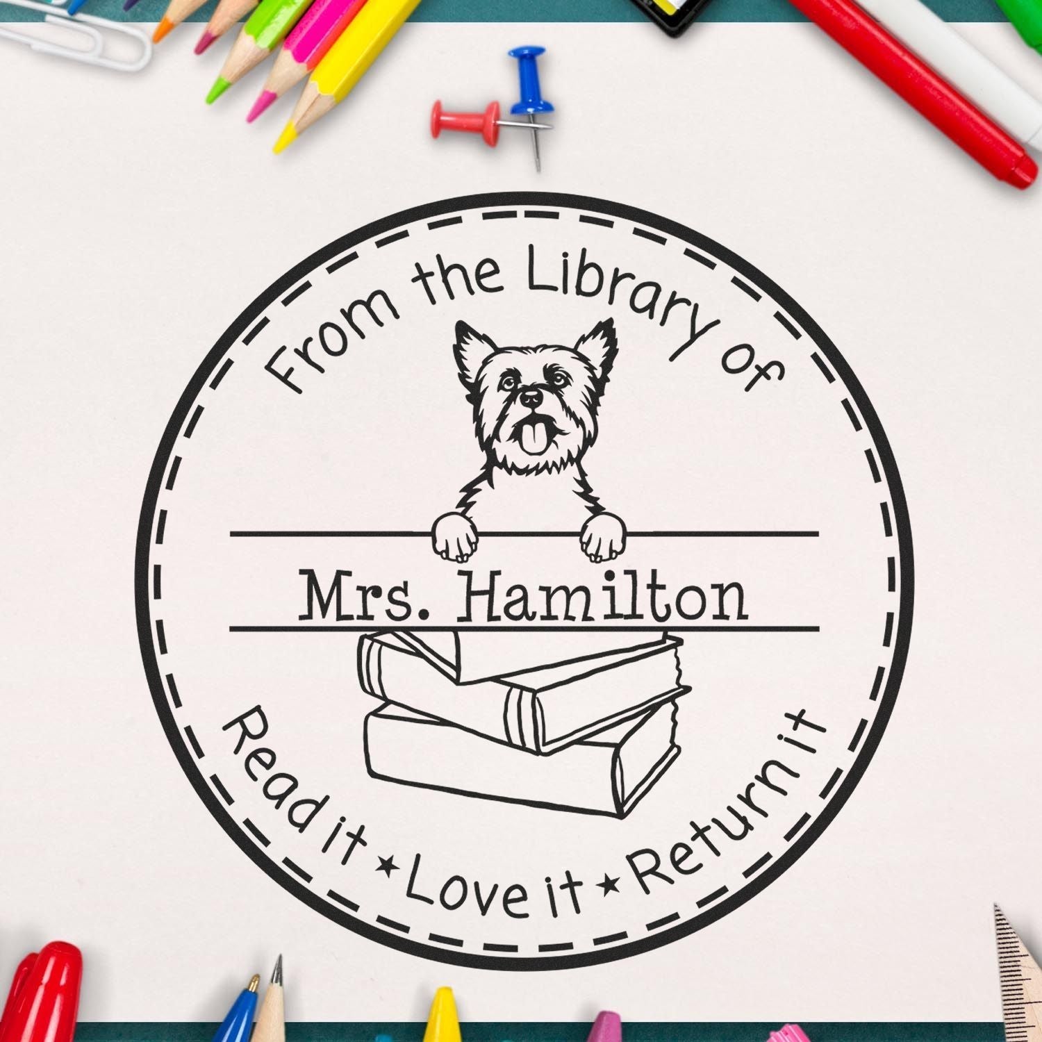 Yorkshire Terrier Dog Themed Library Name Stamper - Engineer Seal Stamps