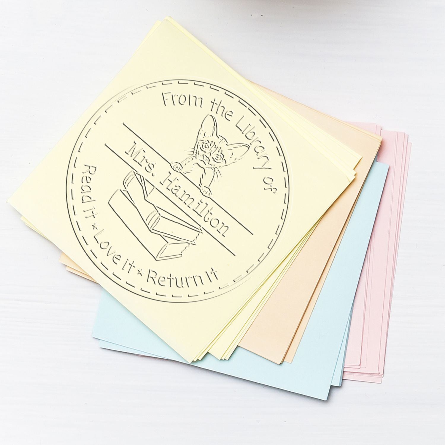Custom Borrowed Book Reminder Seal Embosser with Abyssinian Cat - Engineer Seal Stamps