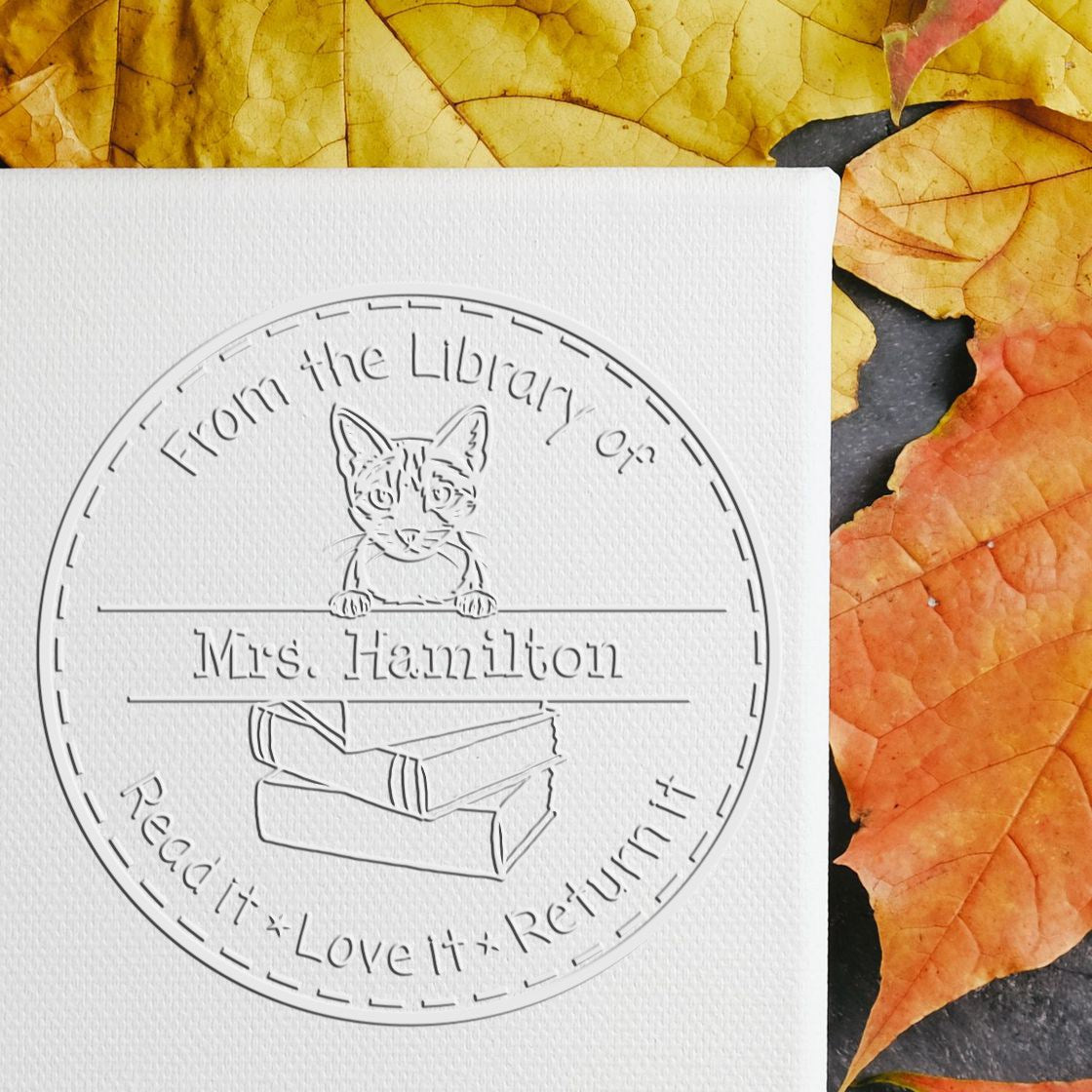 Custom Borrowed Library Book Embossed Stamp with Aegean Cat - Engineer Seal Stamps