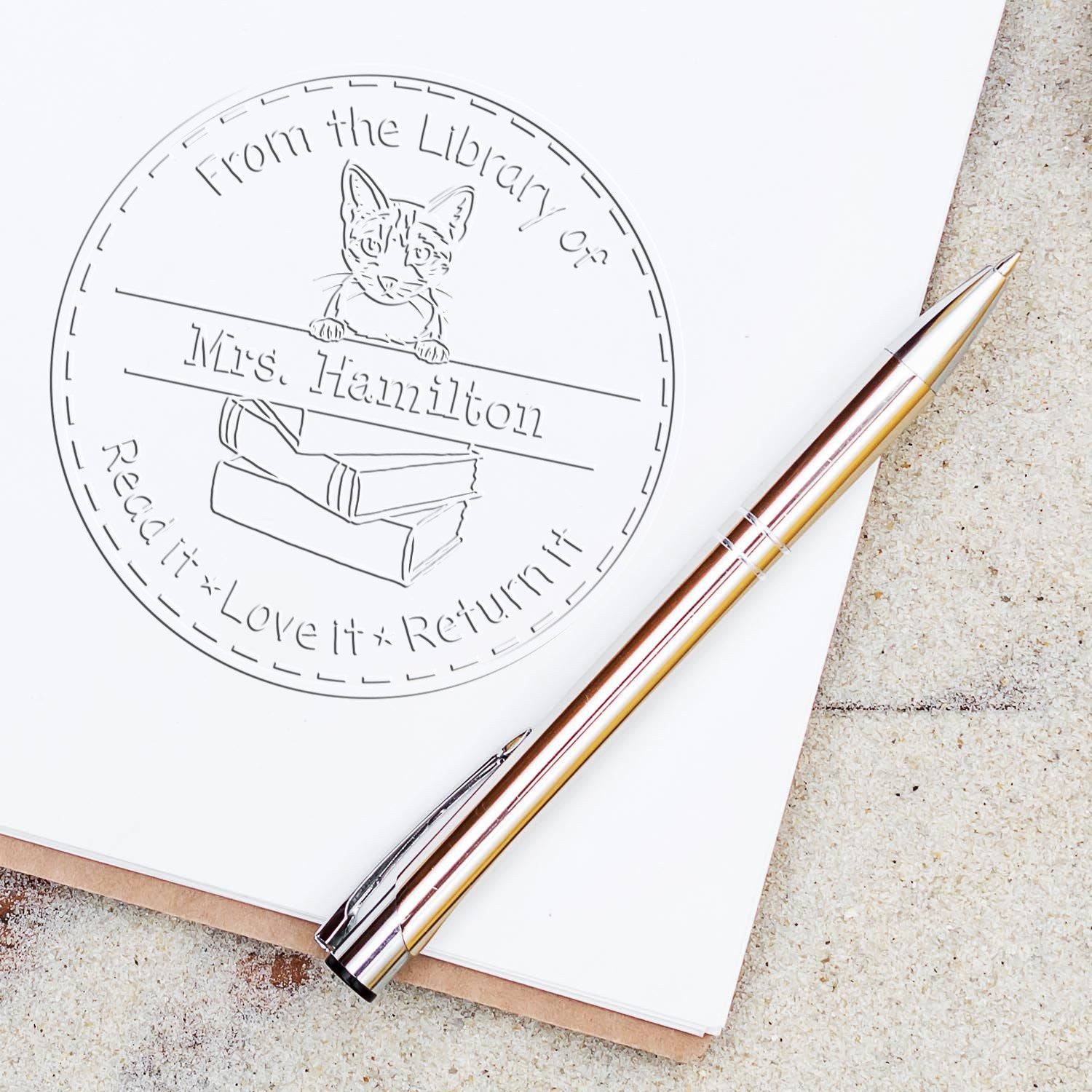Custom Borrowed Book Reminder Embossed Stamp with Aegean Cat - Engineer Seal Stamps