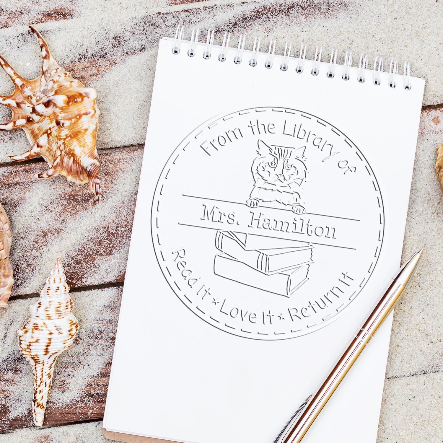Custom Borrowed Book Reminder Embossing Seal with American Bobtail Cat - Engineer Seal Stamps