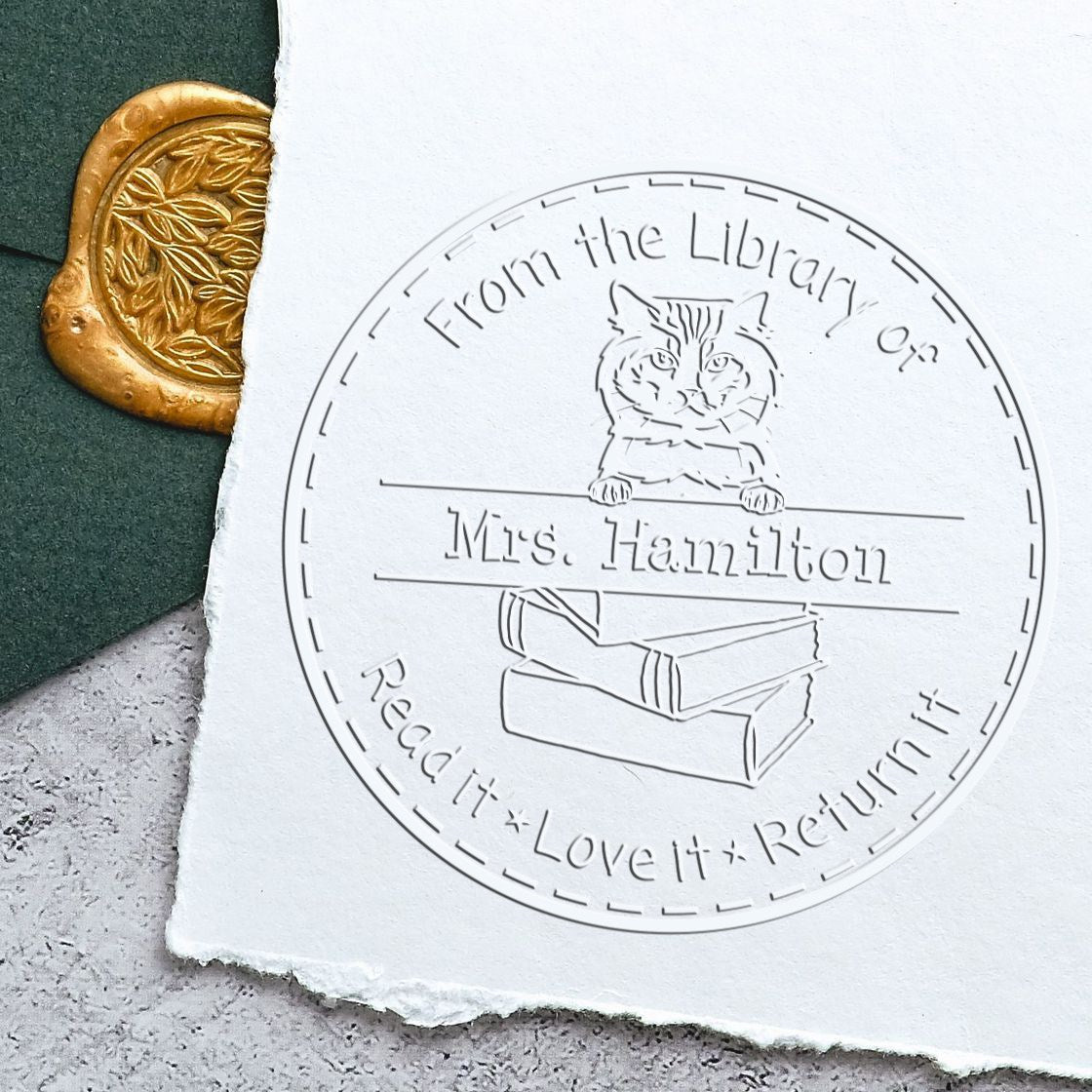 Custom Borrowed Library Book Embossing Seal with American Bobtail Cat - Engineer Seal Stamps