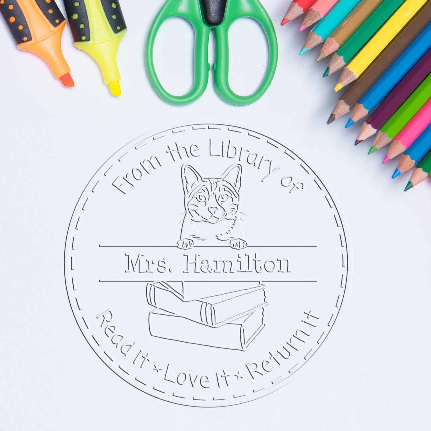 Custom Love It And Return It Embossed Stamp with Arabian Mau Cat - Engineer Seal Stamps