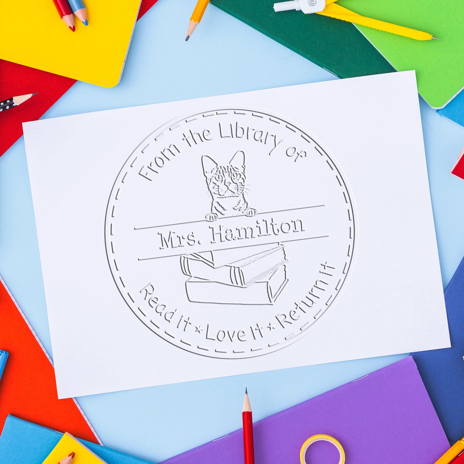 Custom Book Lending Embossed Stamp with Bengal Cat - Engineer Seal Stamps