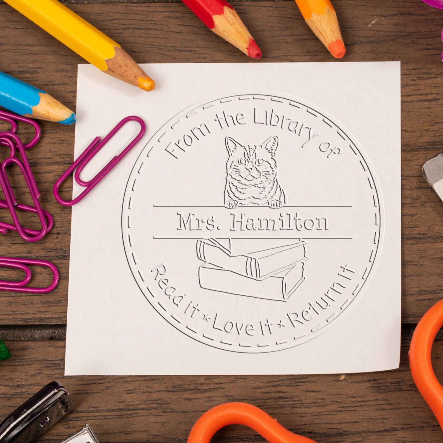 Custom Lending Library Embosser with Brazilian Shorthair Cat - Engineer Seal Stamps