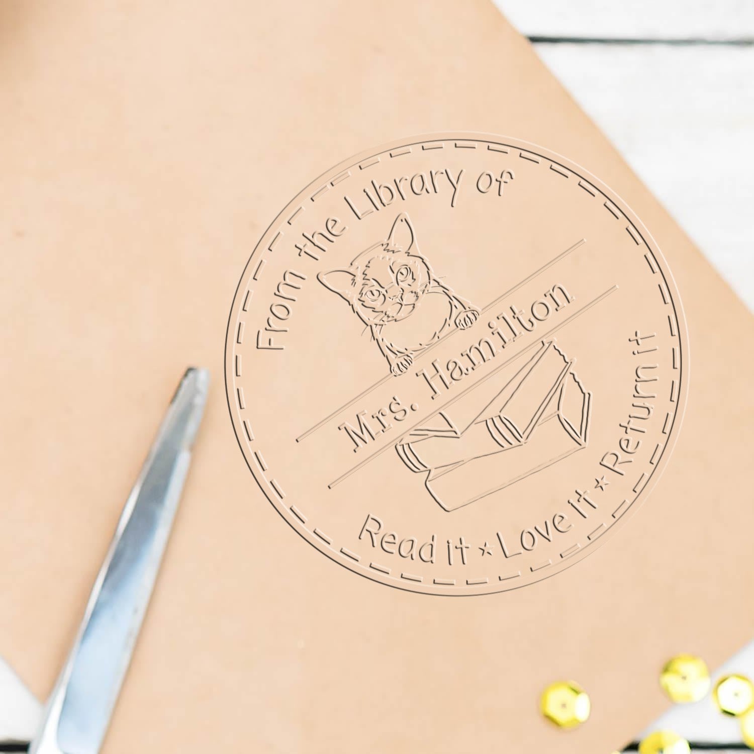 Custom Lending Library Embossed Stamp with Burmese Cat - Engineer Seal Stamps