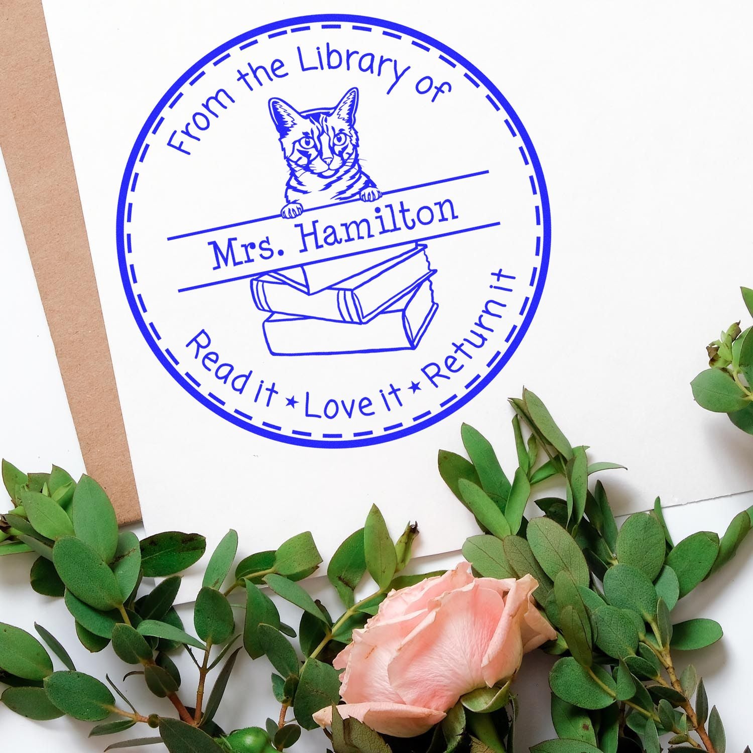 Personalized Library Personalization Stamp with California Spangled Cat - Engineer Seal Stamps