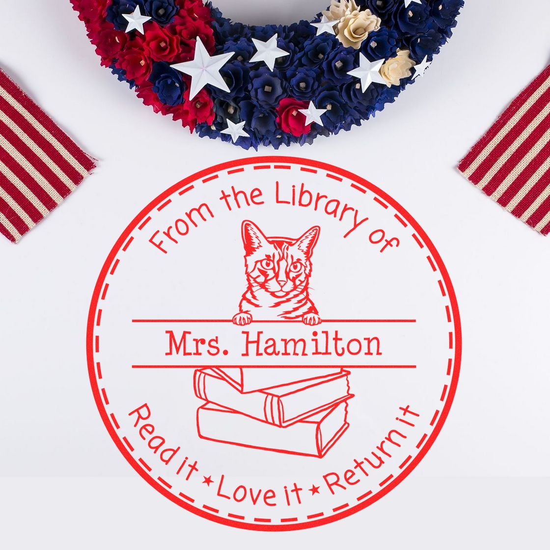 Personalized Library Personalization Stamp with California Spangled Cat - Engineer Seal Stamps