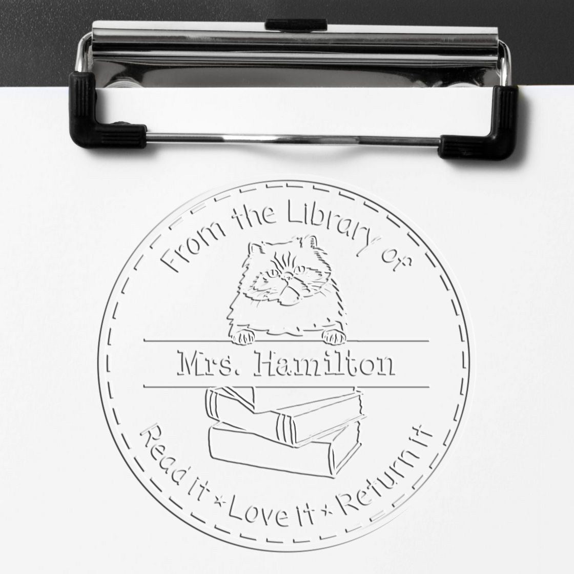 Custom Book Borrower Seal Embosser with Colorpoint Persian Cat - Engineer Seal Stamps