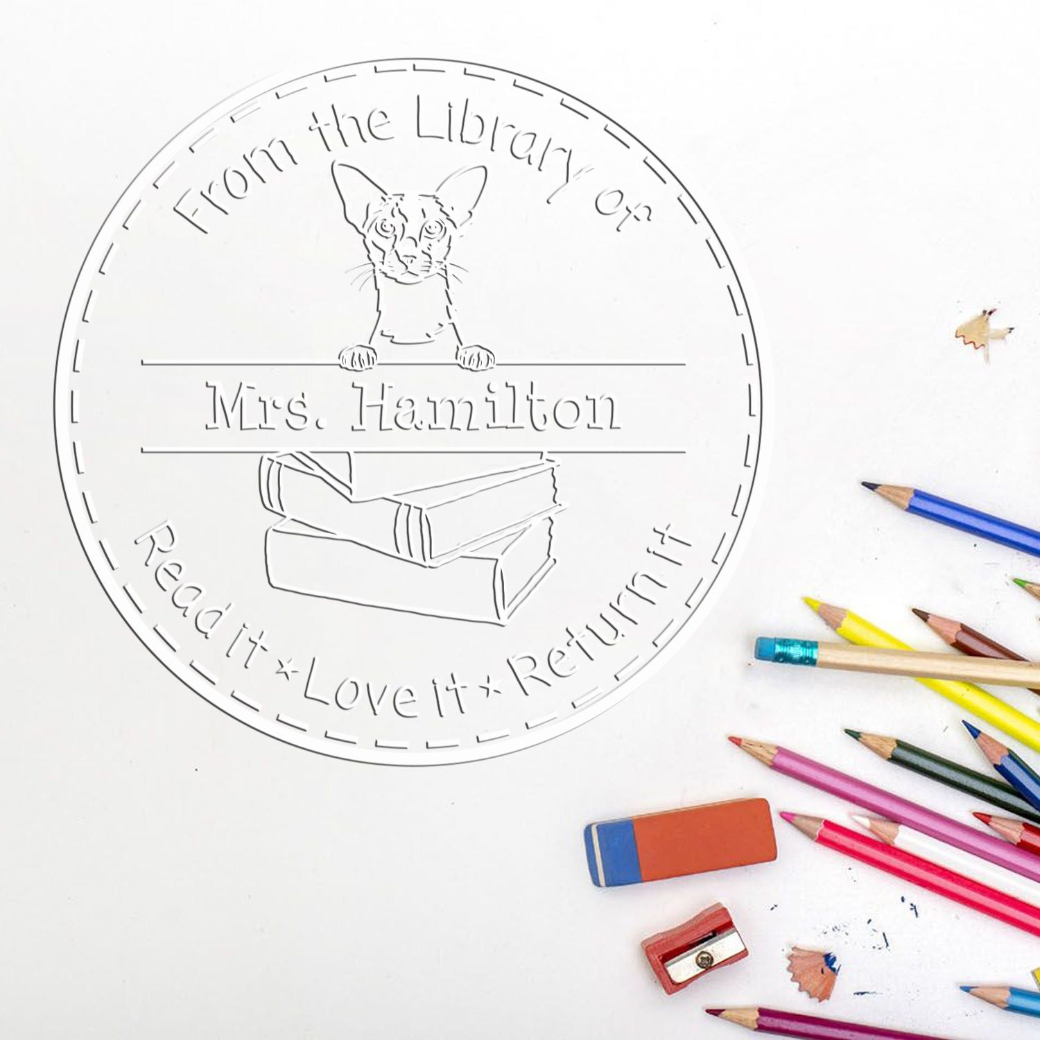 Colorpoint Shorthair Cat Custom Book Check-Out Embossed Stamp - Engineer Seal Stamps