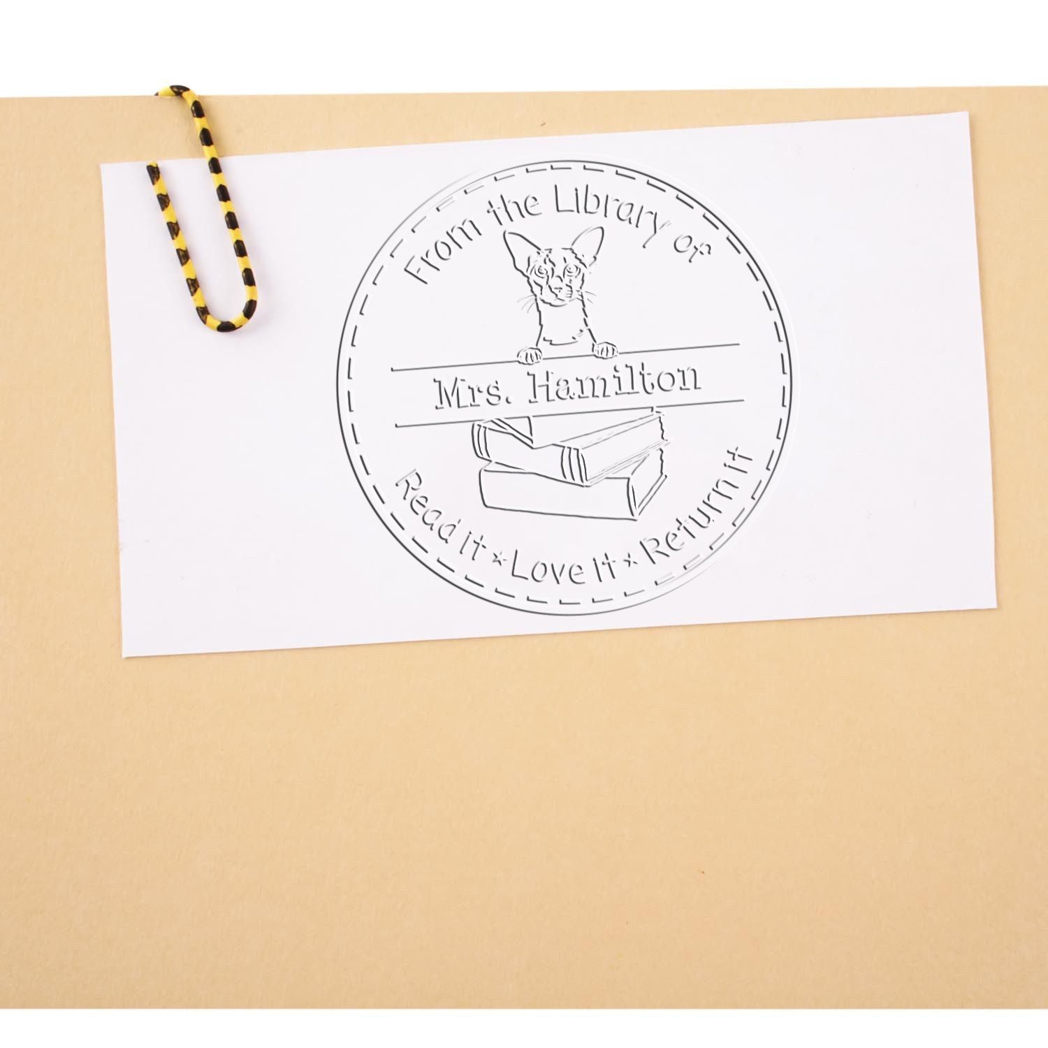 Custom Book Borrower Embossed Stamp with Colorpoint Shorthair Cat - Engineer Seal Stamps
