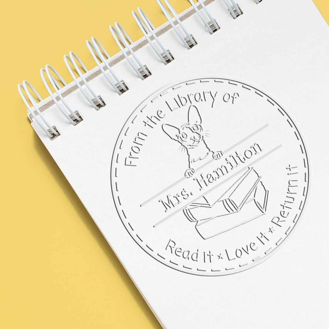 Custom Personal Book Embossing Seal with Cornish Rex Cat - Engineer Seal Stamps