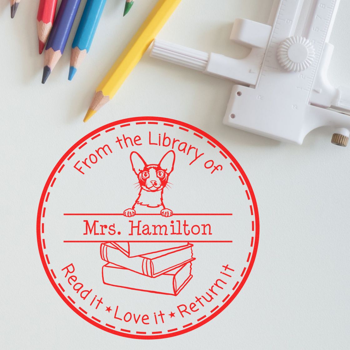 Personalized Classroom Book Ownership Stamp with Cornish Rex Cat - Engineer Seal Stamps