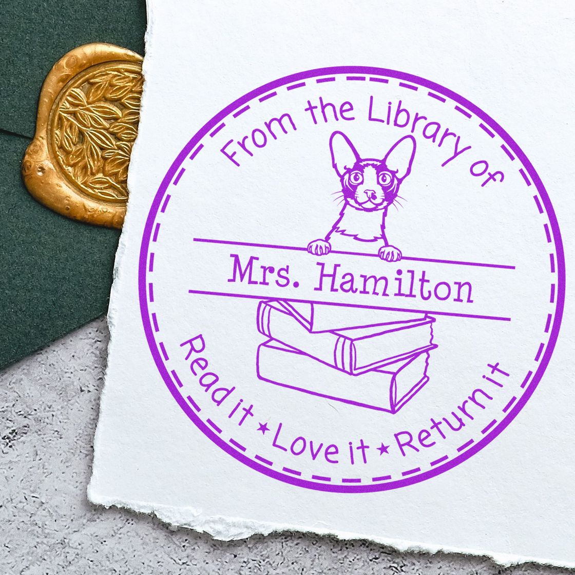 Personalized Classroom Book Ownership Stamp with Cornish Rex Cat - Engineer Seal Stamps