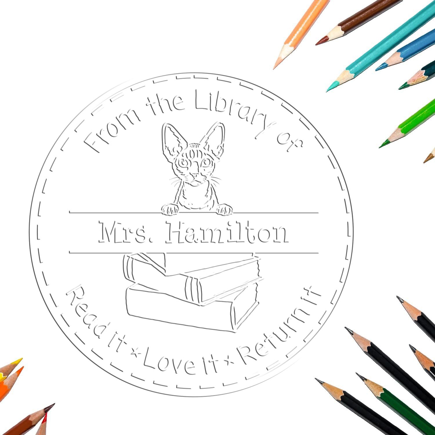 Custom Classroom Book Lending Embosser with Devon Rex Cat - Engineer Seal Stamps