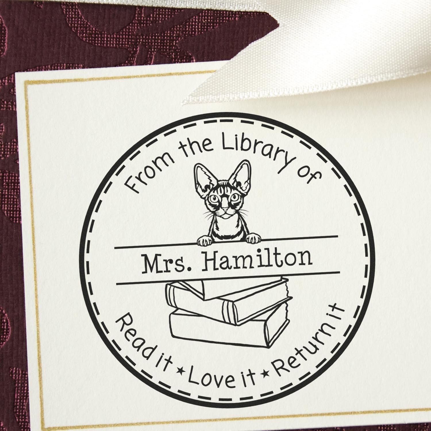 Personalized Classroom Book Ownership Stamper with Devon Rex Cat - Engineer Seal Stamps