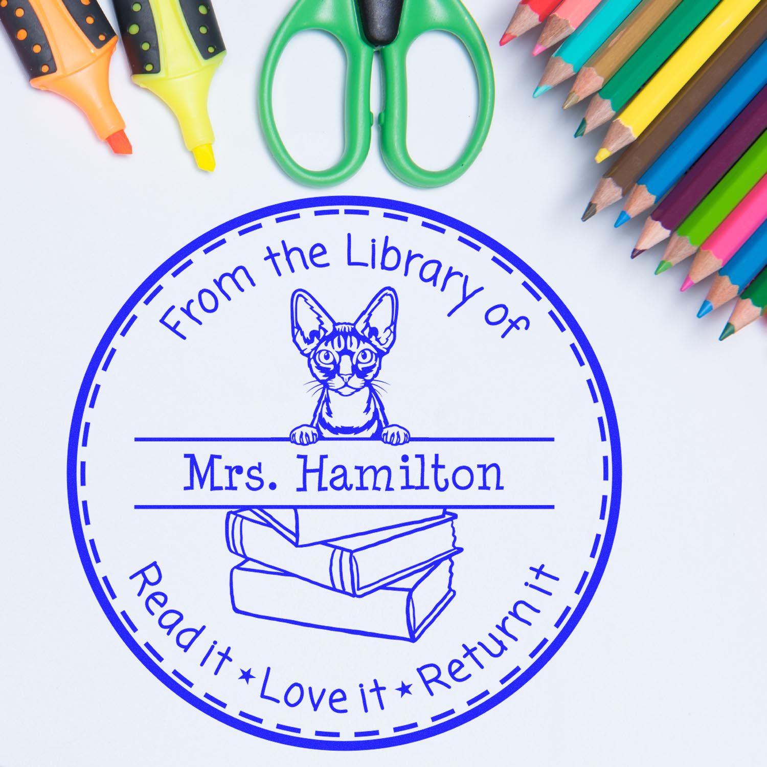 Personalized Classroom Book Ownership Stamper with Devon Rex Cat - Engineer Seal Stamps