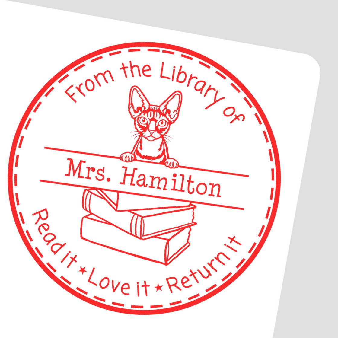 Personalized Classroom Book Ownership Stamper with Devon Rex Cat - Engineer Seal Stamps
