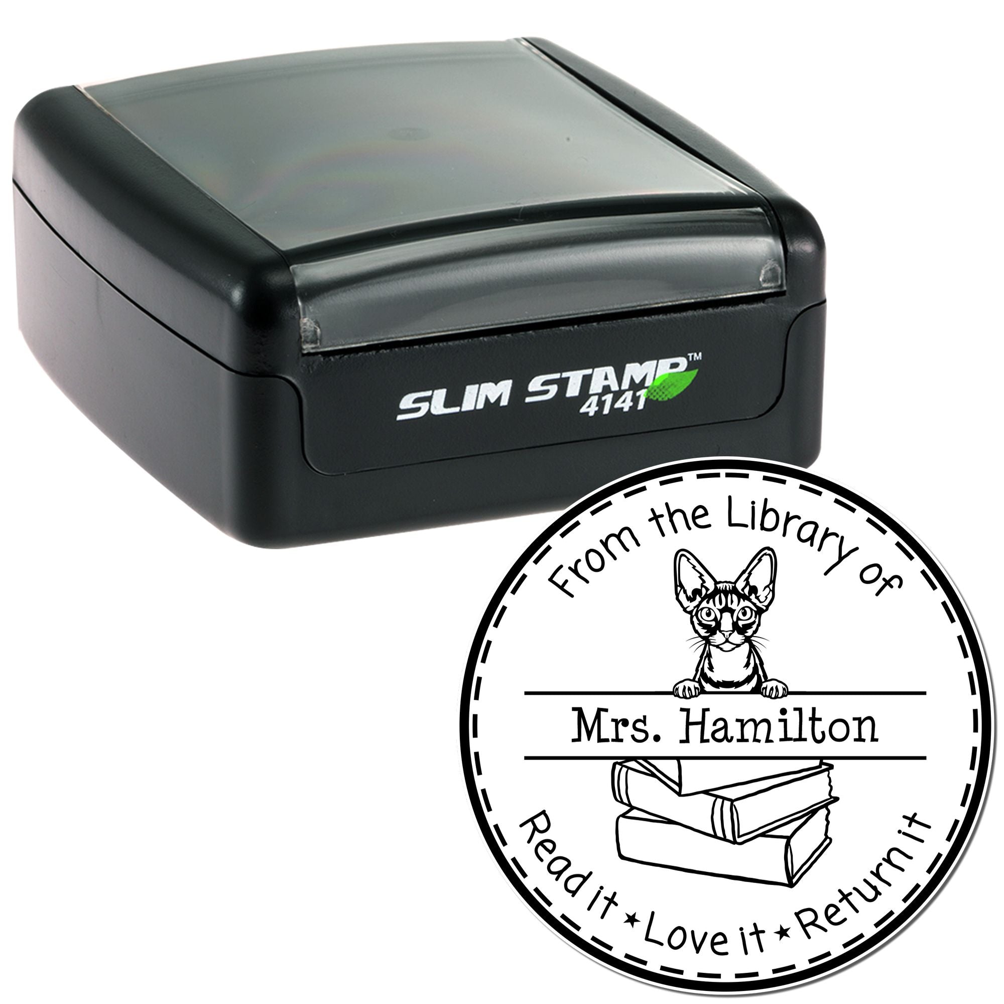 Personalized Classroom Book Ownership Stamper with Devon Rex Cat - Engineer Seal Stamps
