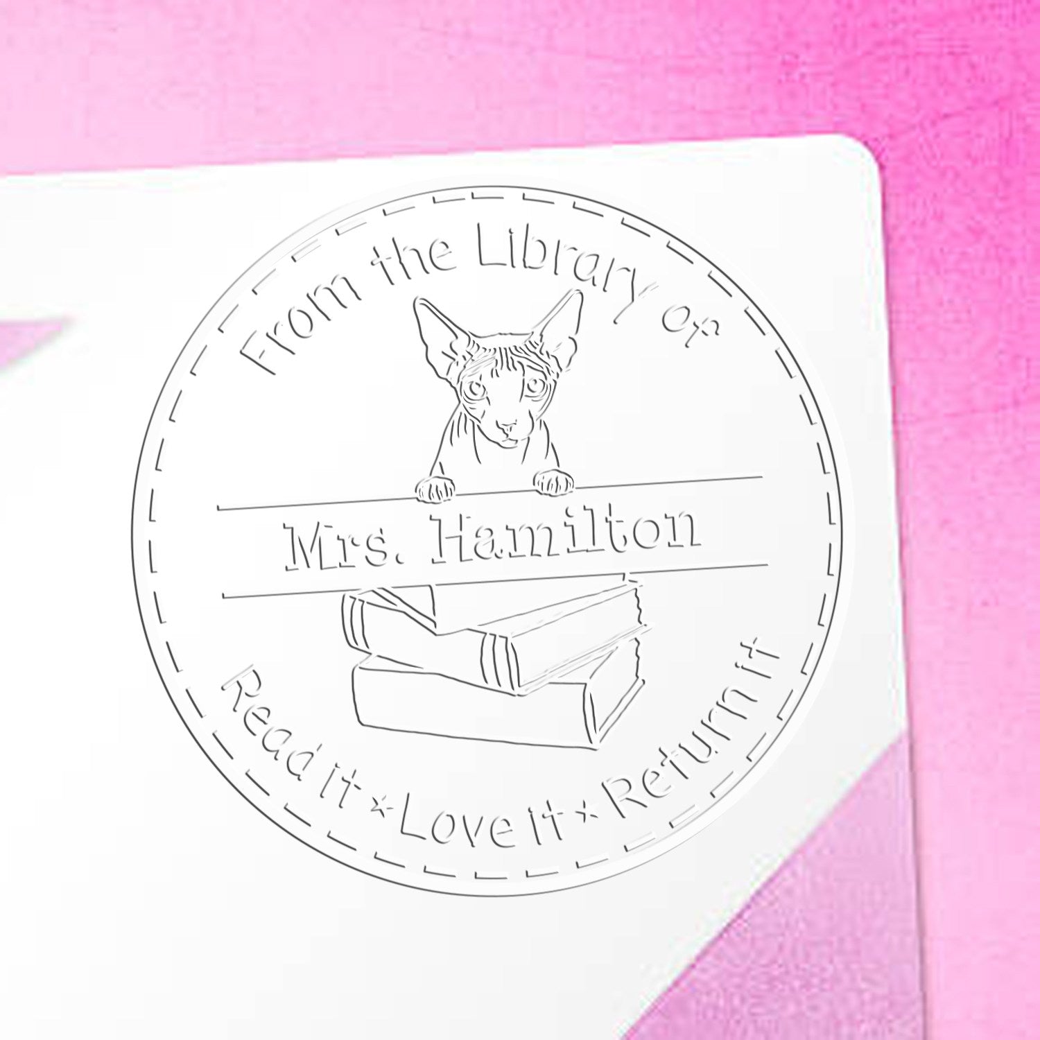 Custom Classroom Book Lending Seal with Don Sphynx Cat - Engineer Seal Stamps
