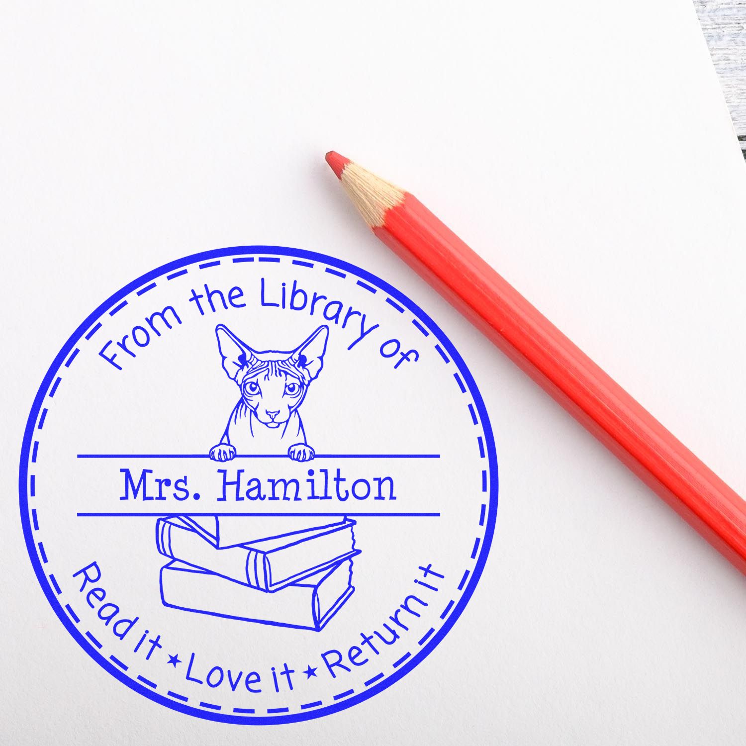 Personalized Name For Library Books Stamp with Don Sphynx Cat - Engineer Seal Stamps
