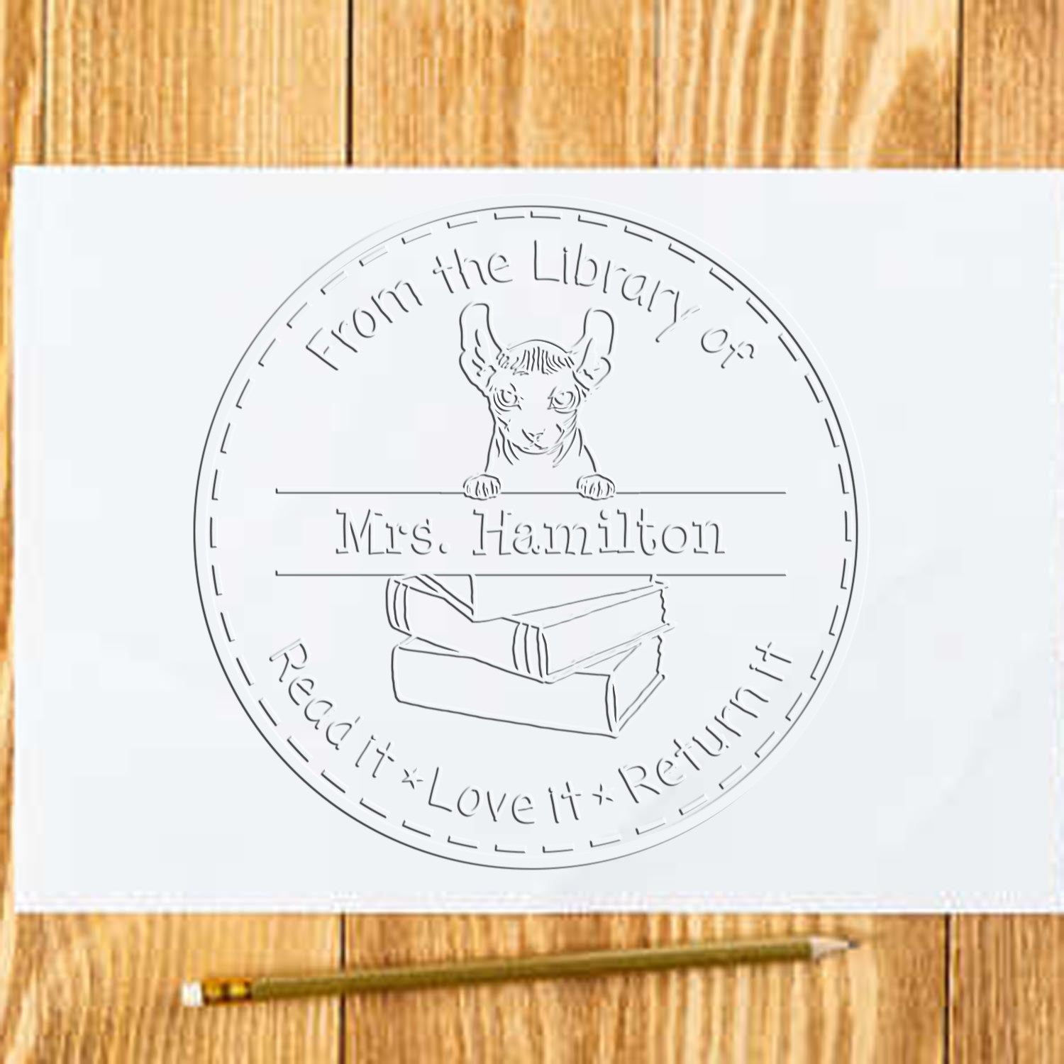Custom Classroom Book Lending Embossed Stamp with Dwelf Cat - Engineer Seal Stamps