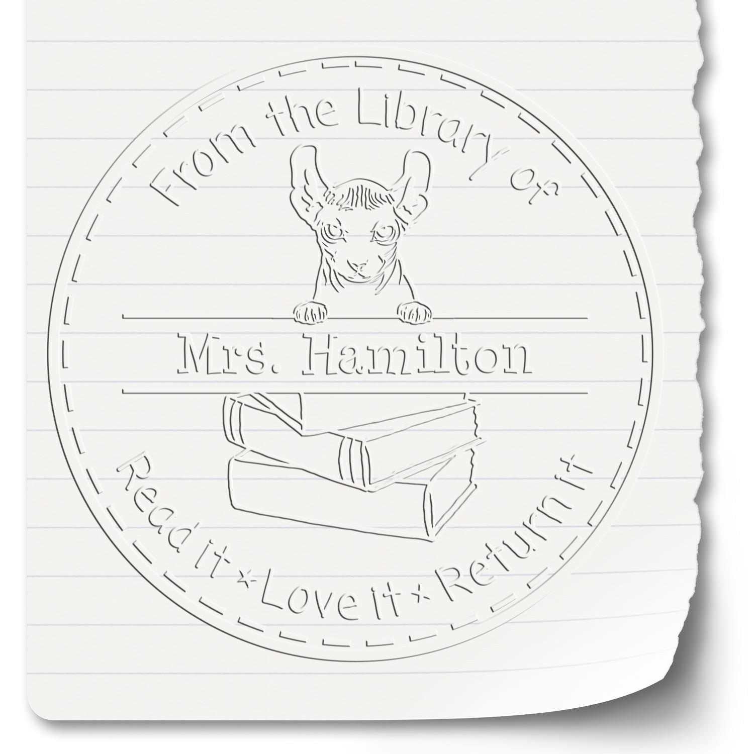 Custom Classroom Book Lending Embossed Stamp with Dwelf Cat - Engineer Seal Stamps