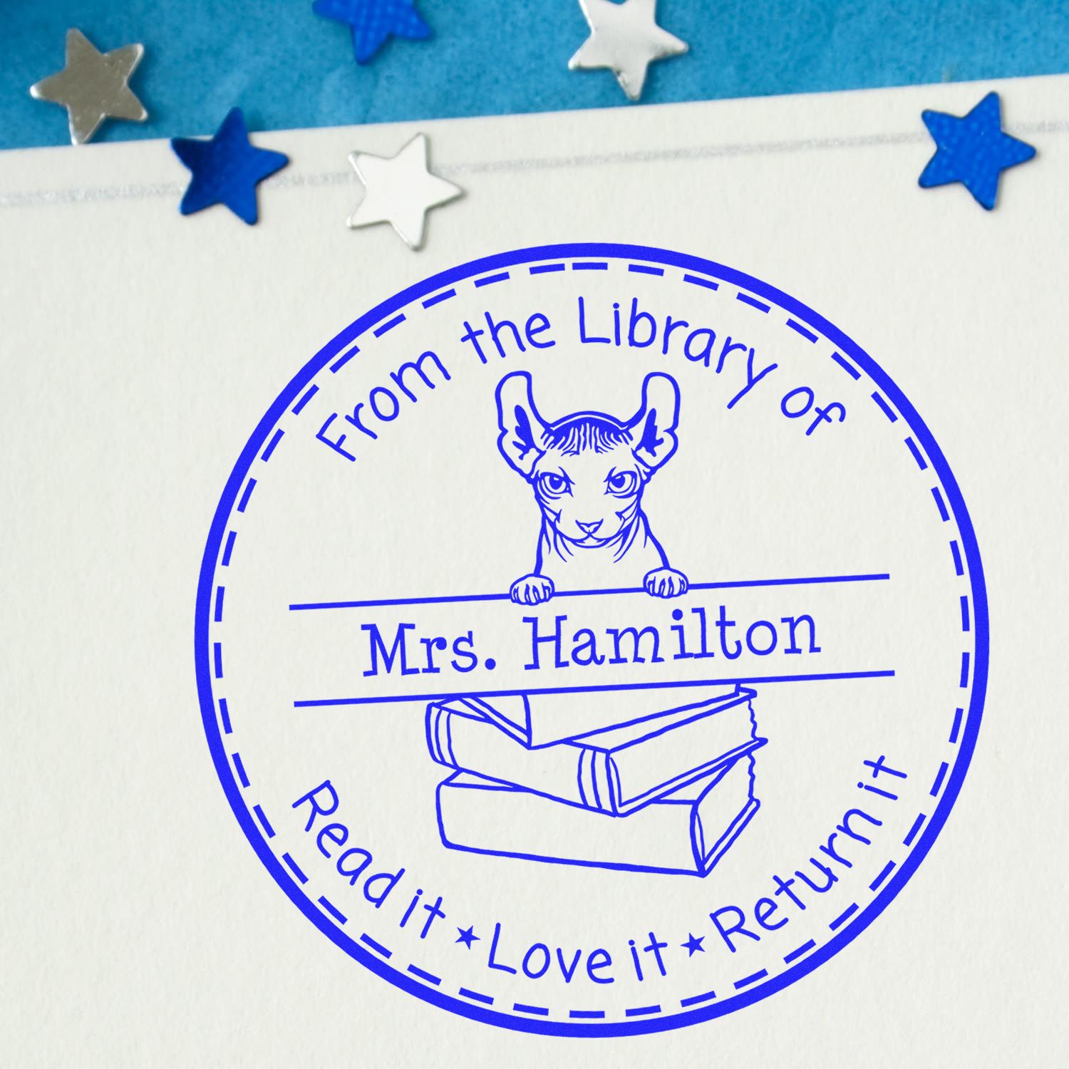 Personalized Library Tool Stamp with Dwelf Cat - Engineer Seal Stamps
