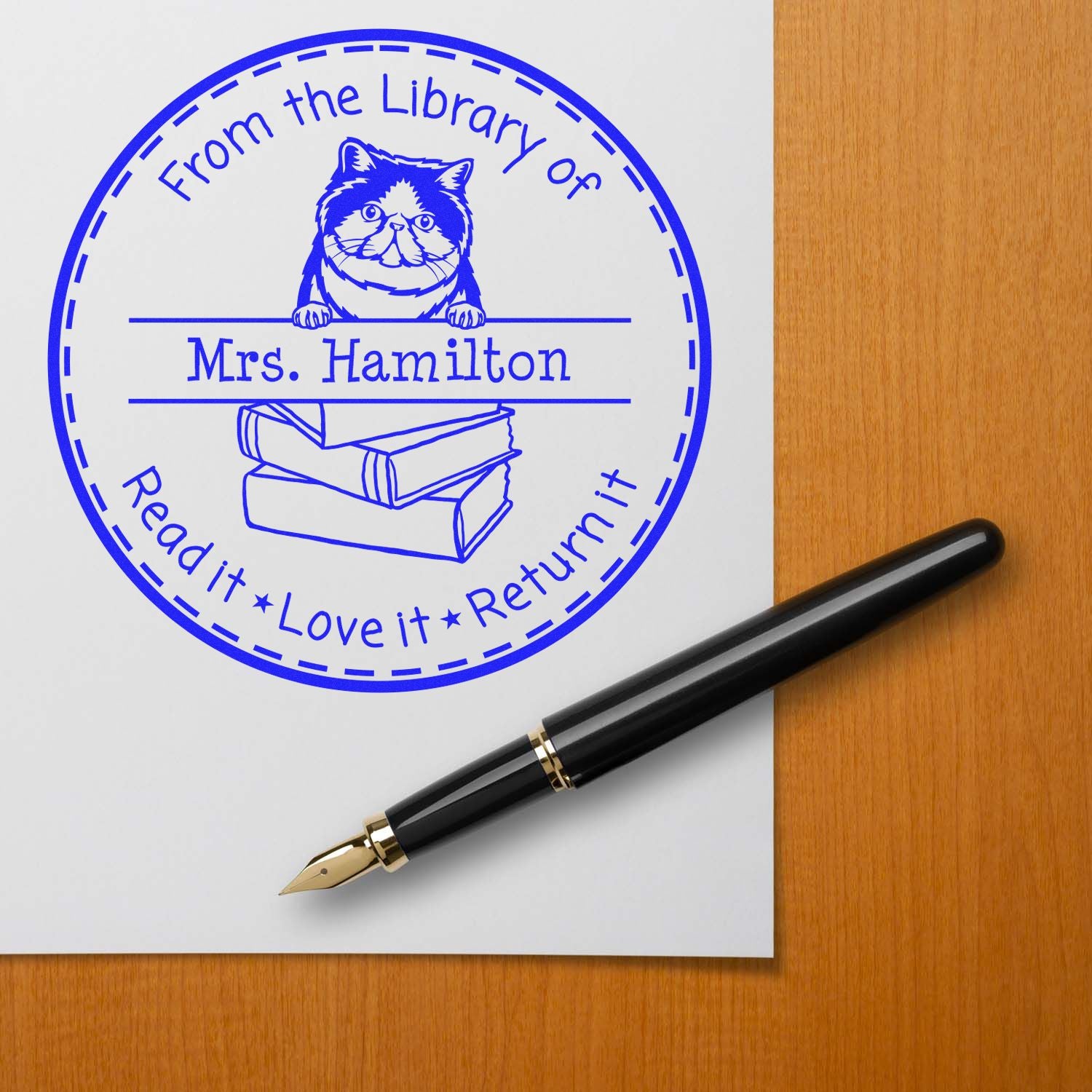 Personalized Borrowed Book Stamp with Exotic Shorthair Cat - Engineer Seal Stamps