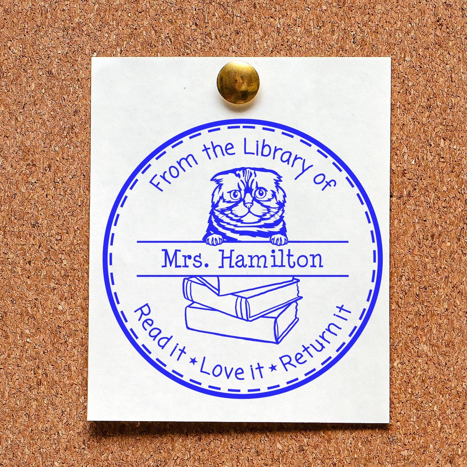 Personalized Borrowed Book Stamper with Foldex Cat - Engineer Seal Stamps