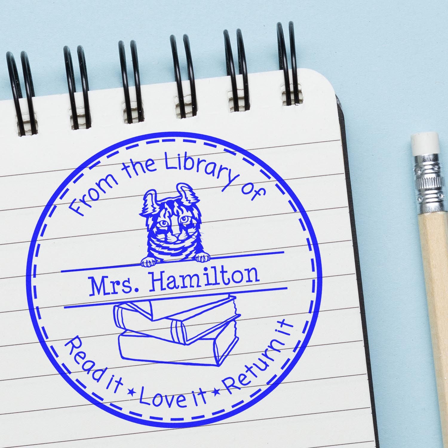 Personalized Book Sharing Stamp with Highlander Cat - Engineer Seal Stamps